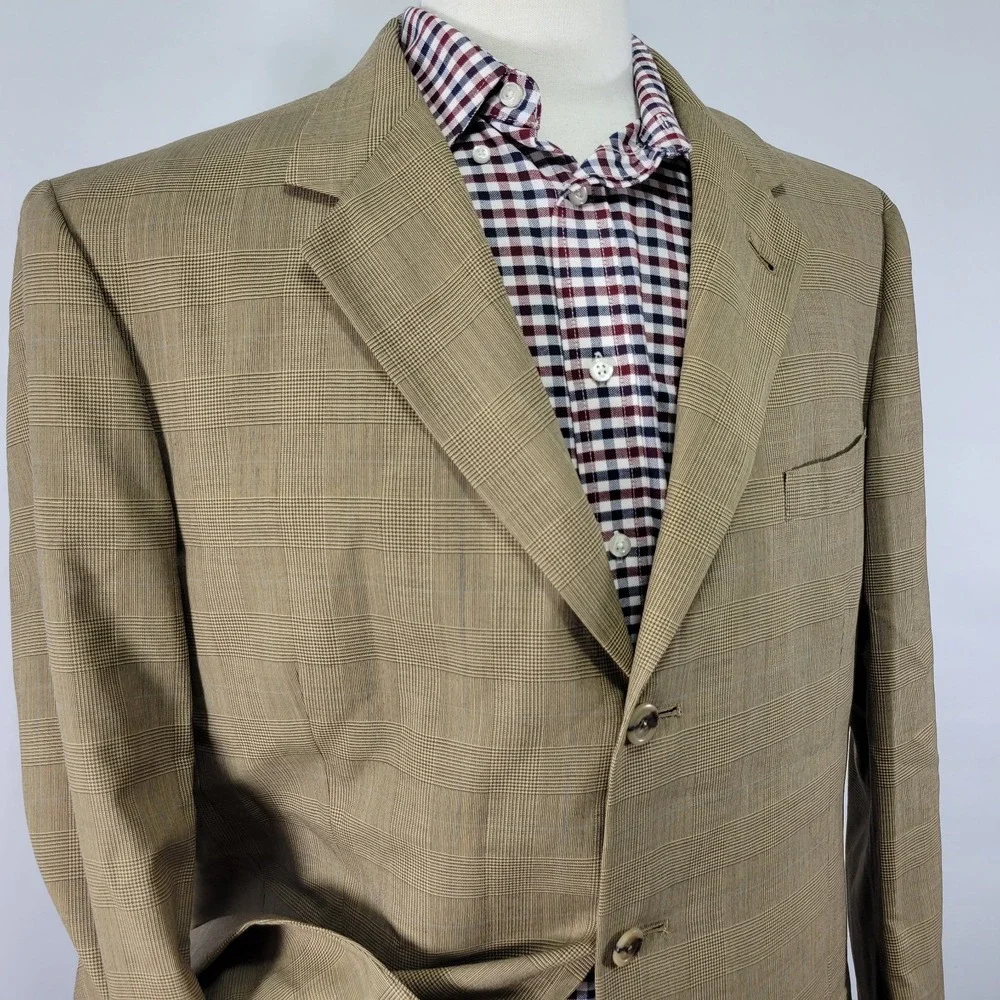 VTG Tommy Hilfiger Men's Sport Coat Blazer Three Button Brown Plaid Wool Sz‎ 44L